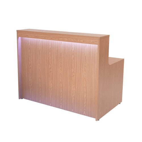 Oak effect reception desk with front light panel and side return counter
