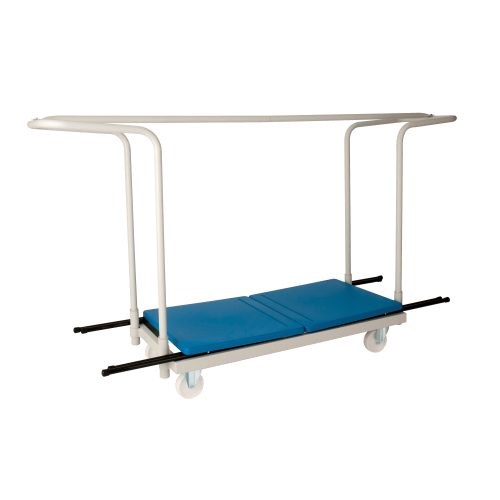 Titan exam desk trolley with white frame blue base panels and castor wheels