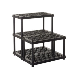 Black three tier plastic shelving unit with ventilated grid shelves