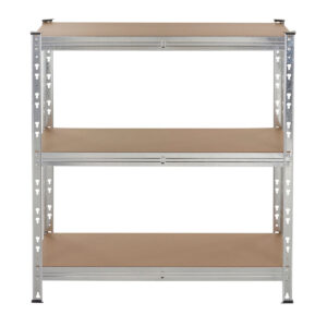 Galvanised steel shelving unit with three brown MDF shelves on a white background