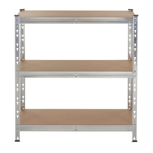 Galvanised steel shelving unit with three brown MDF shelves on a white background