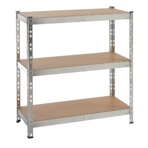 Three tier galvanised metal shelving unit with brown wooden shelves