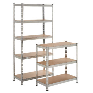 Two galvanised metal shelving units with brown wooden shelves on a white background