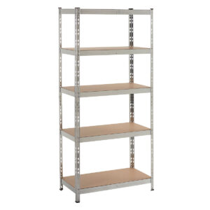 Five tier galvanised metal shelving unit with brown wooden shelves