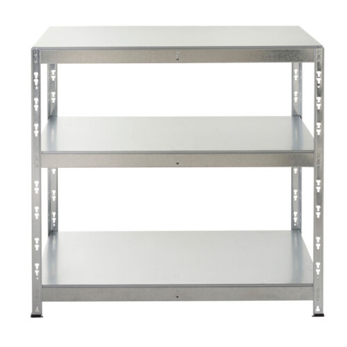 Galvanised steel shelving unit with three shelves and boltless frame