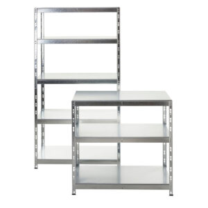 Two galvanised metal shelving units with adjustable shelves on a white background