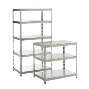 Two galvanised metal storage shelving units with adjustable shelves on a white background