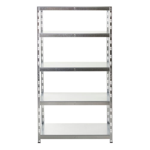 Galvanised metal shelving unit with five shelves and boltless frame