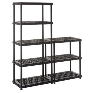 Black plastic modular shelving unit with five tiers in an L shaped layout on a white background