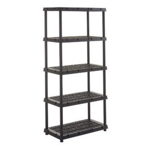 Black five tier plastic shelving unit with ventilated shelves on a white background