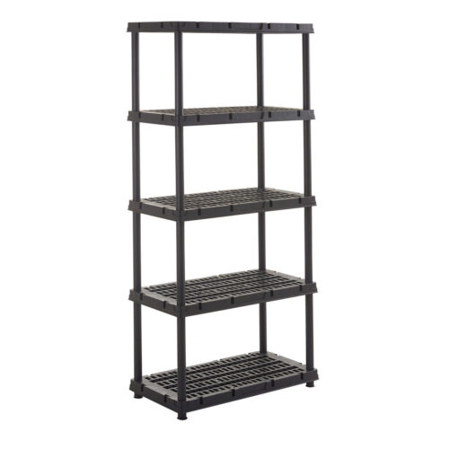 Black five tier plastic shelving unit with ventilated shelves on a white background