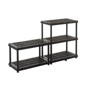 Black plastic modular shelving unit with three tiers and slatted shelves