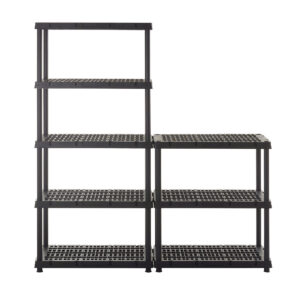 Black modular plastic shelving unit with eight open grid shelves in stepped layout