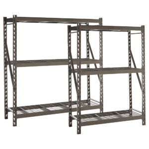 Grey longspan steel shelving unit with three wire mesh shelves and braced frame supports