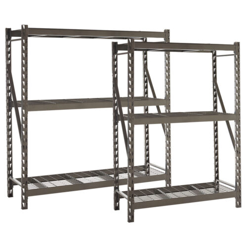 Grey longspan steel shelving unit with three wire mesh shelves and braced frame supports
