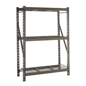 Grey longspan steel shelving unit with three wire mesh shelves and braced side frames
