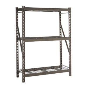 Grey steel longspan shelving unit with three wire mesh shelves and cross bracing