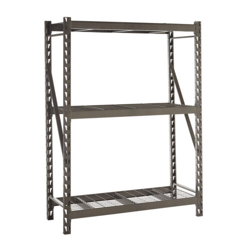 Grey steel longspan shelving unit with three wire mesh shelves and cross bracing