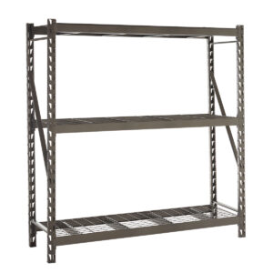 Grey steel longspan shelving unit with three wire mesh shelves and boltless frame