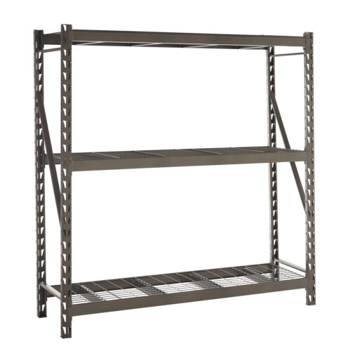 Grey steel longspan shelving unit with three wire mesh shelves and boltless frame