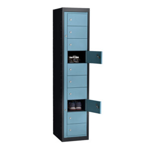 Tall blue steel locker unit with individual lockable compartments and two open doors showing stored items