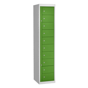 Tall silver garment dispenser and collector with green lockable compartment doors