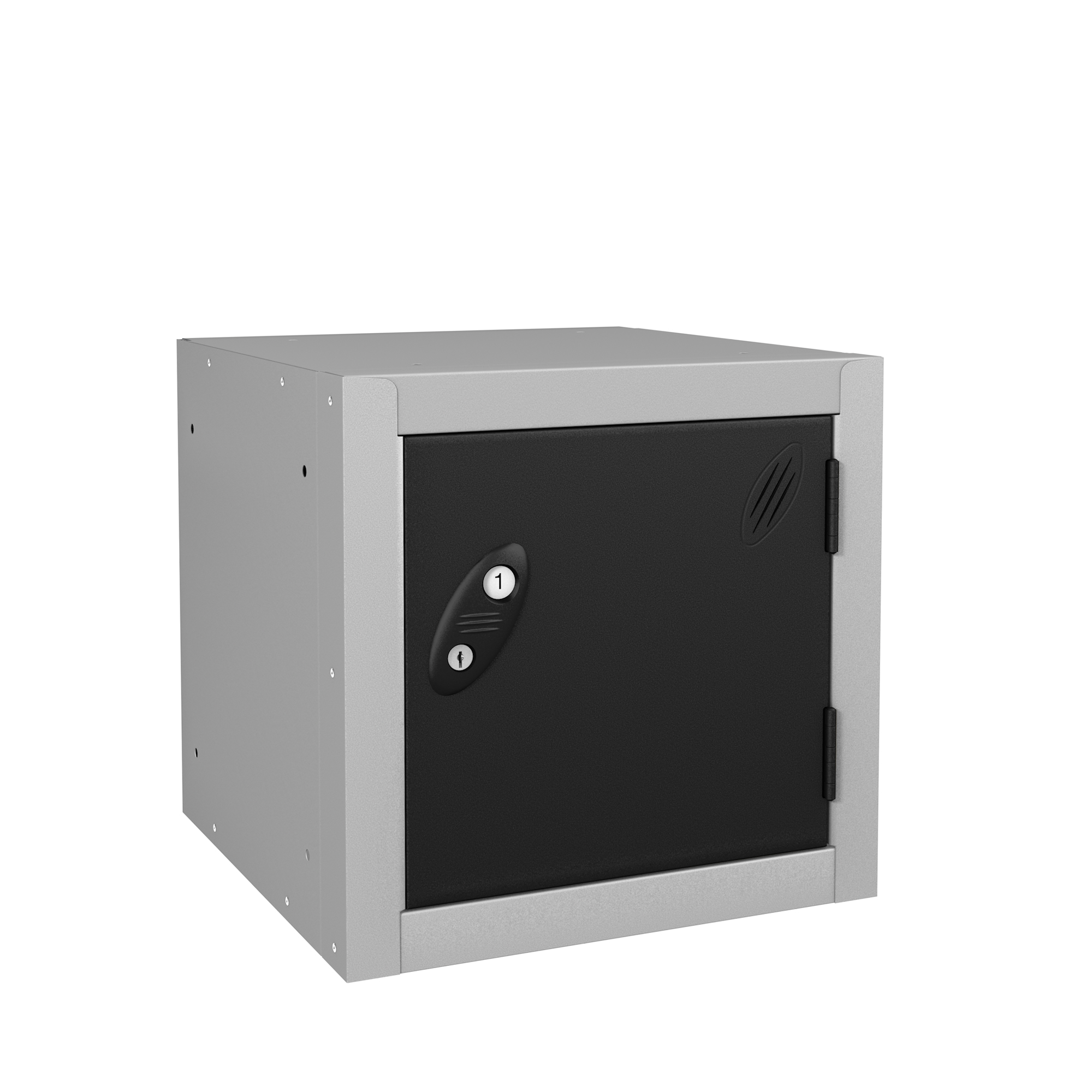 Probe Cube Metric metal storage cube with black lockable door and silver frame