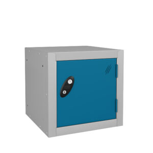 Grey metal metric cube cabinet with blue lockable door and side mounting holes