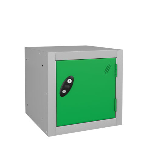 Grey metric cube locker with green door lock and side hinges