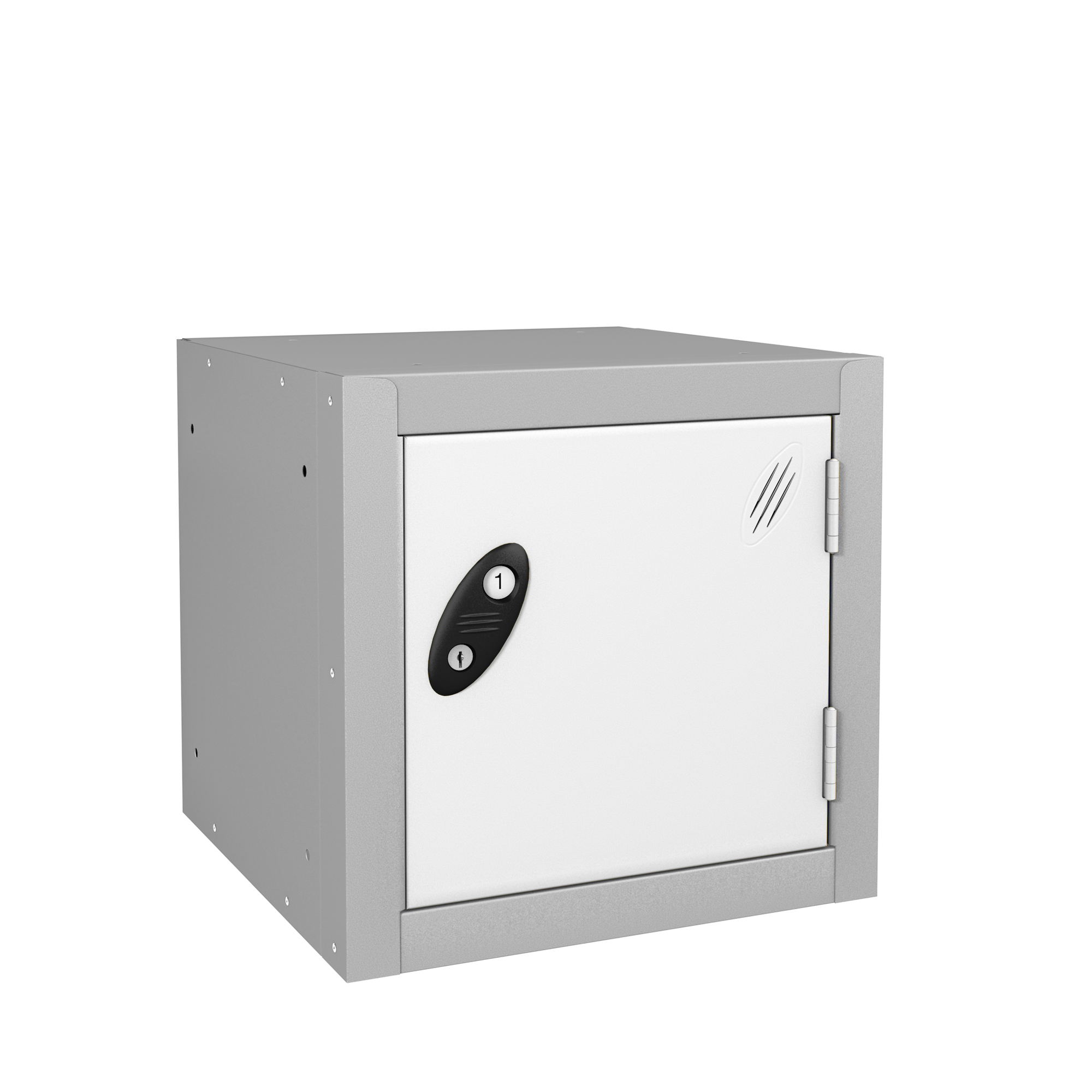 Grey metric cube locker with white front door lock and right side hinges