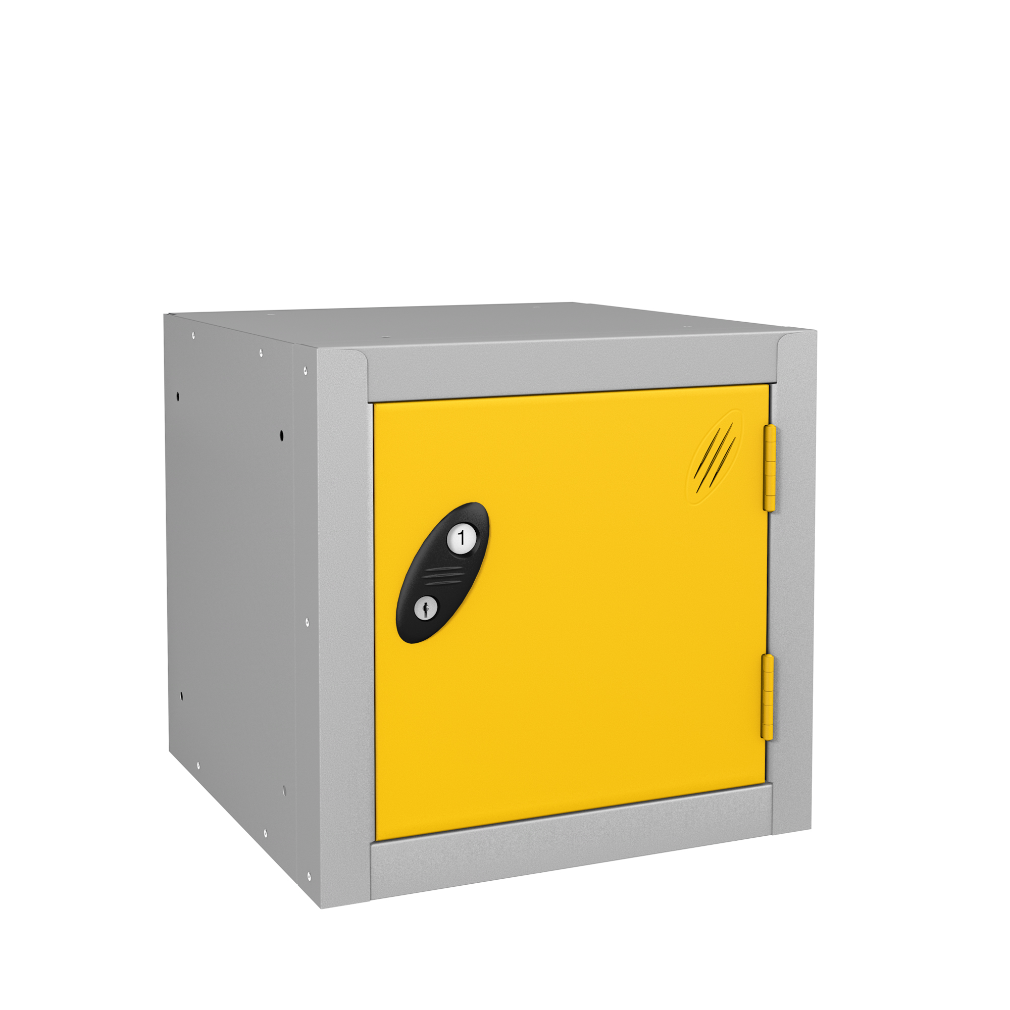 Grey metric cube cabinet with yellow lockable door and side fixing holes