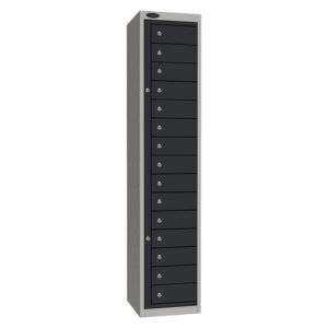 Tall grey garment collector and dispenser cabinet with black lockable compartments