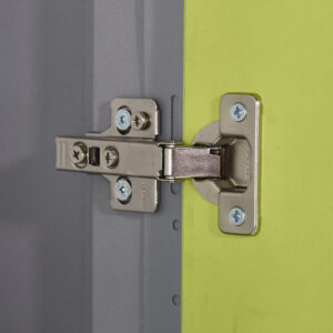 Close up of cabinet door hinge on lime green BuzzBox locker interior