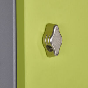 Close up of the Probe BuzzBox door lock on a lime green panel