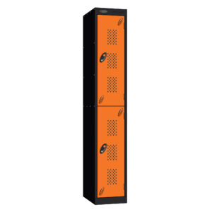 Black steel locker with four orange perforated doors and two lockable compartments
