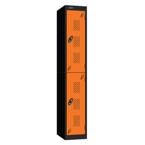 Black steel locker with four orange perforated doors and two lockable compartments