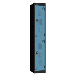 Blue perforated metal locker with five doors and black frame