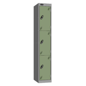 Full height grey metal locker with four green doors and black handles