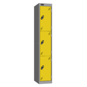 Full height grey metal locker with four yellow doors and black lock handles