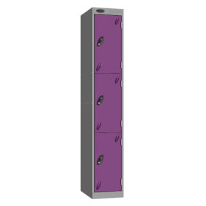 Full height grey metal locker with four purple compartment doors and black handles