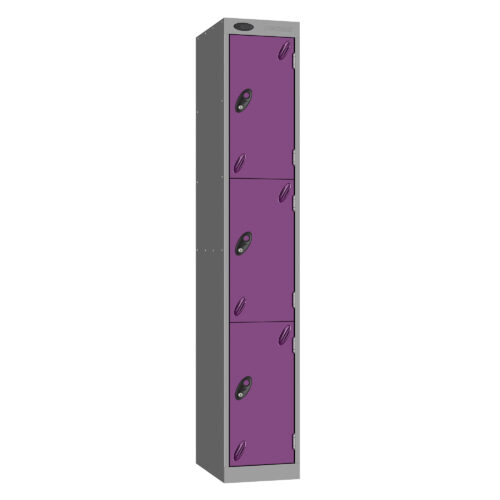 Full height grey metal locker with four purple compartment doors and black handles