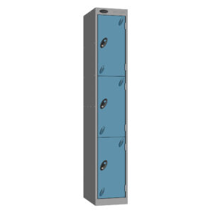 Full height grey steel locker with four blue doors and black cam locks