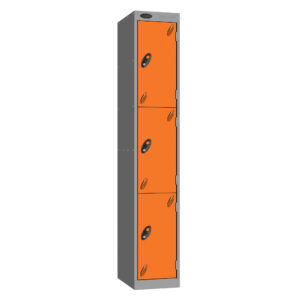 Full height grey steel locker with four orange doors and black key locks