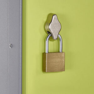 Close up of brass padlock on lime green metal door with silver frame