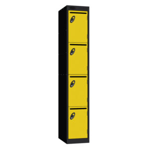 Yellow and black Probe postal locker with four lockable compartments and letter slots
