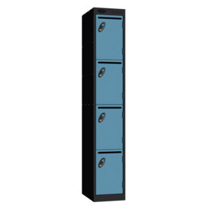 Tall black Probe postal locker with four blue lockable compartments and front mail slots