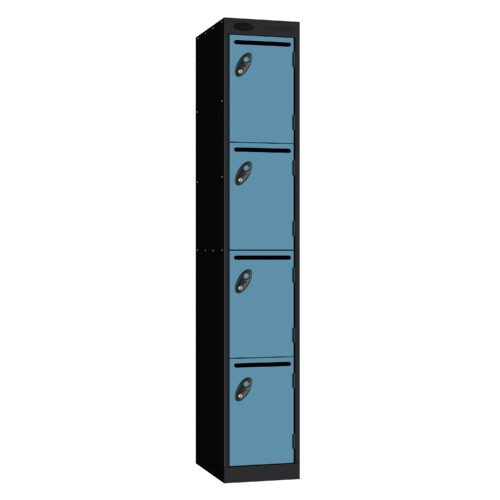 Tall black Probe postal locker with four blue lockable compartments and front mail slots