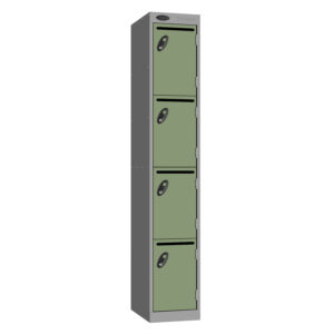 Tall grey postal locker with four sage green lockable doors and mail slots