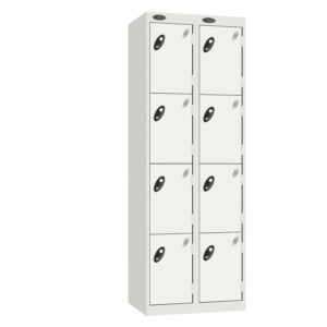 Cream metal full height locker with two columns of four doors and black handles