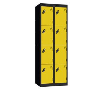 Black steel locker unit with eight yellow doors and vents viewed at an angle